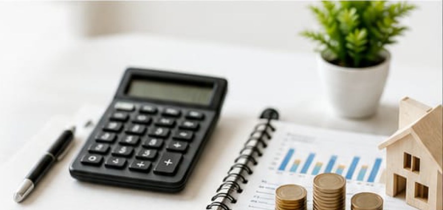 A calculator, charts and coins on a desk