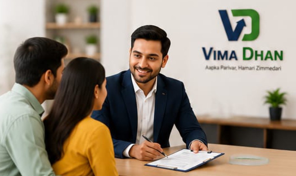 An advisor meeting a couple at the Vima Dhan office